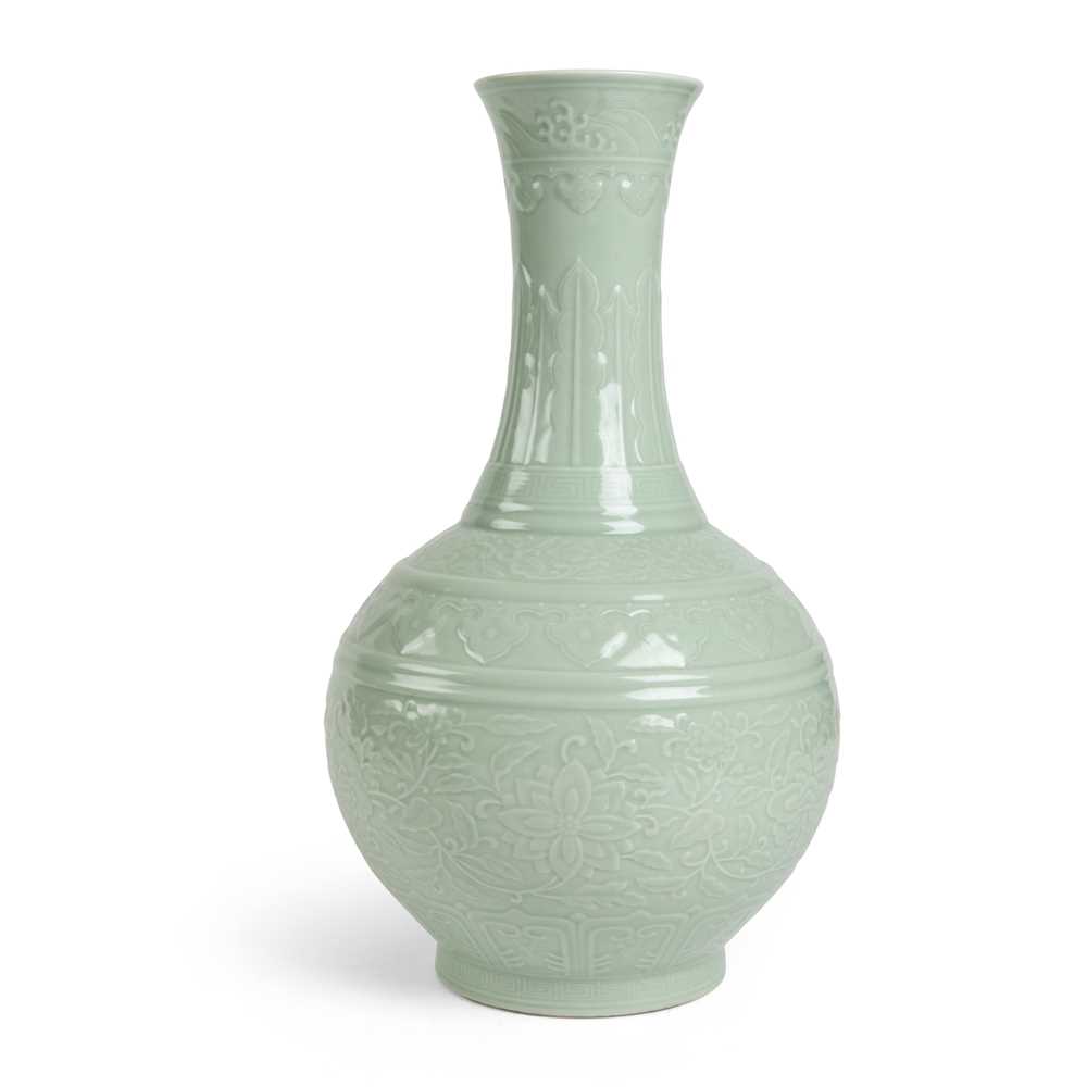 Appraisal: CELADON-GLAZED 'LOTUS' VASE TONGZHI MARK BUT LATER sturdily potted with