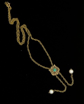 Appraisal: A Vintage Gold Chain with Pearls and a Turquoise Slider