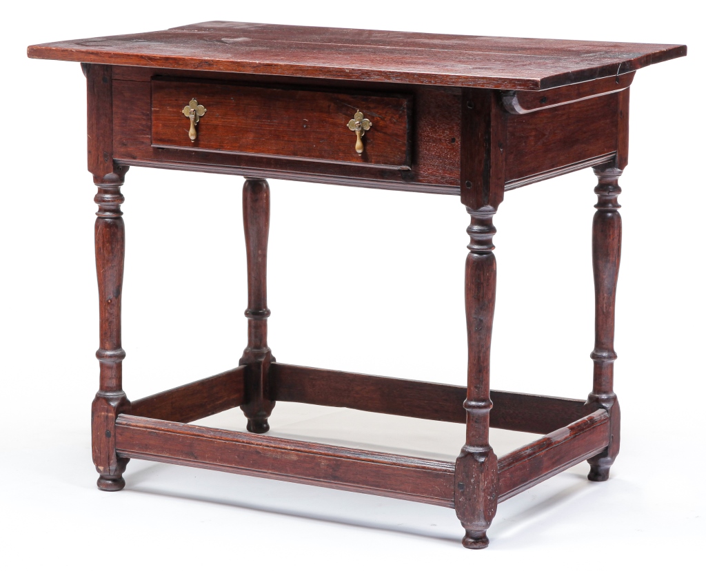 Appraisal: AMERICAN STRETCHER-BASE TABLE Eighteenth- th century walnut with pine secondary