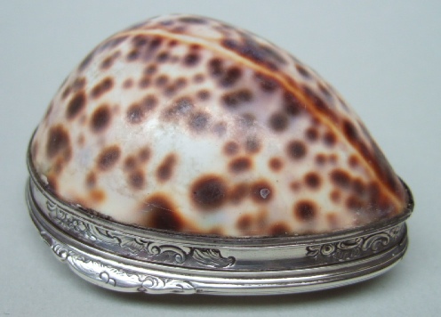 Appraisal: A silver and mother of pearl mounted cowrie shell snuff