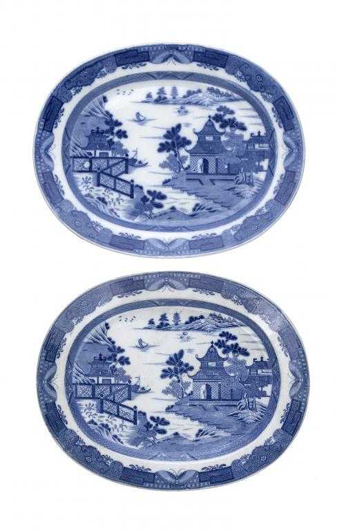 Appraisal: A PAIR OF MINTON BLUE PRINTED PEARLWARE HERMIT PATTERN MEAT