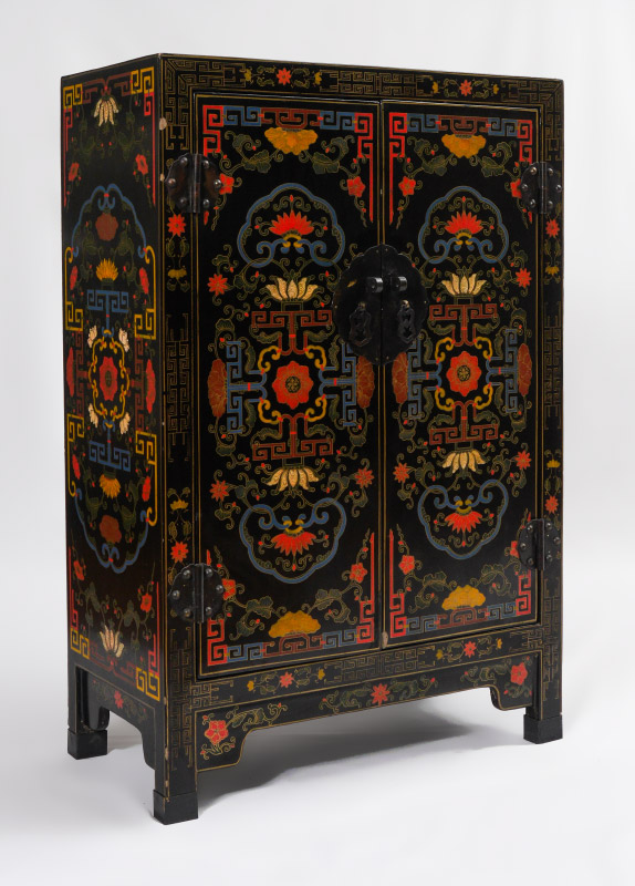 Appraisal: CHINESE POLYCHROME DECORATED LACQUER CABINET Polychrome floral and geometric decoration