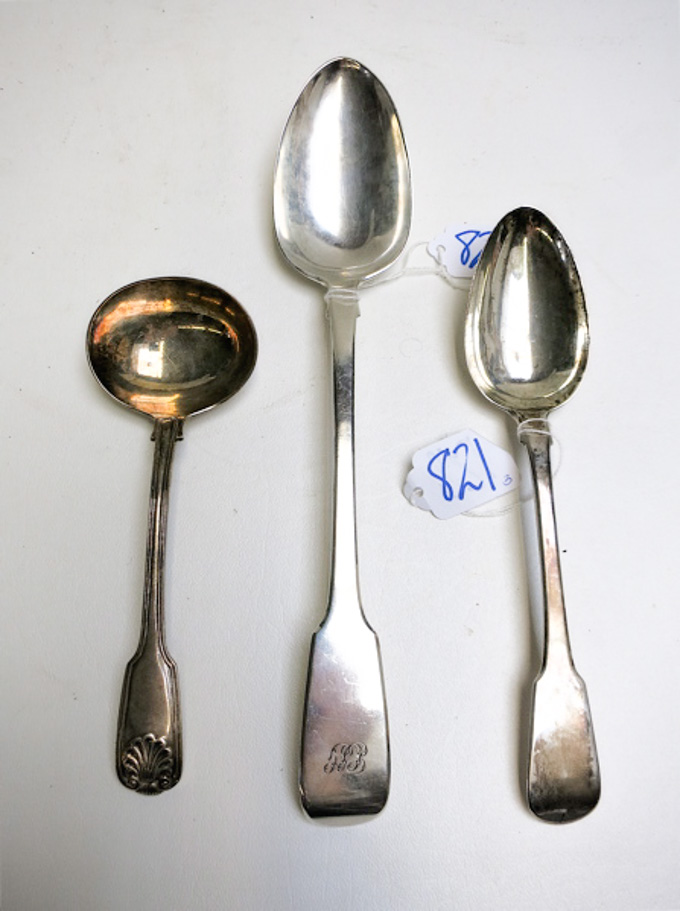 Appraisal: THREE ENGLISH STERLING SILVER FLATWARE PIECES King George III stuffing