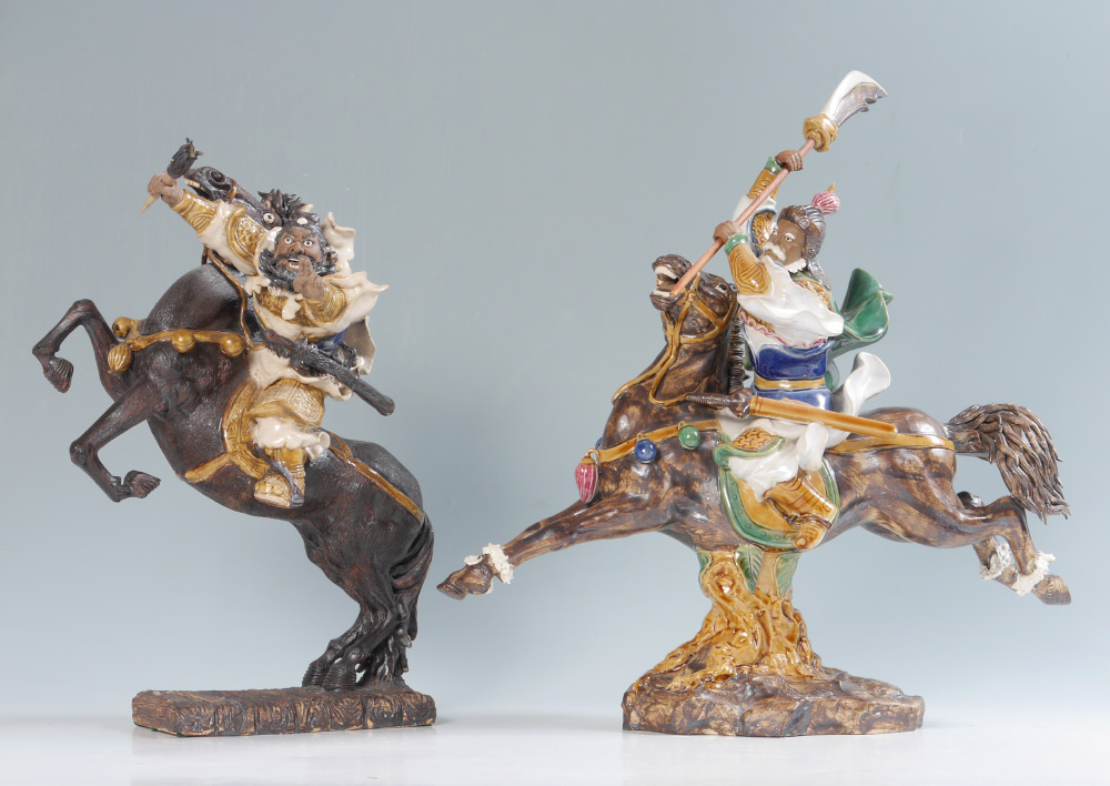 Appraisal: CHINESE POLYCHROME EARTHENWARE WARRIORS pieces total to include Warrior holding