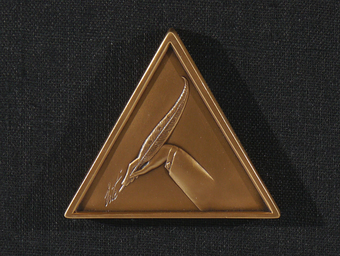 Appraisal: ERTE SPECTACULAR DIMENSIONS BRONZE MEDALLION Triangle '' x '' Double-sided