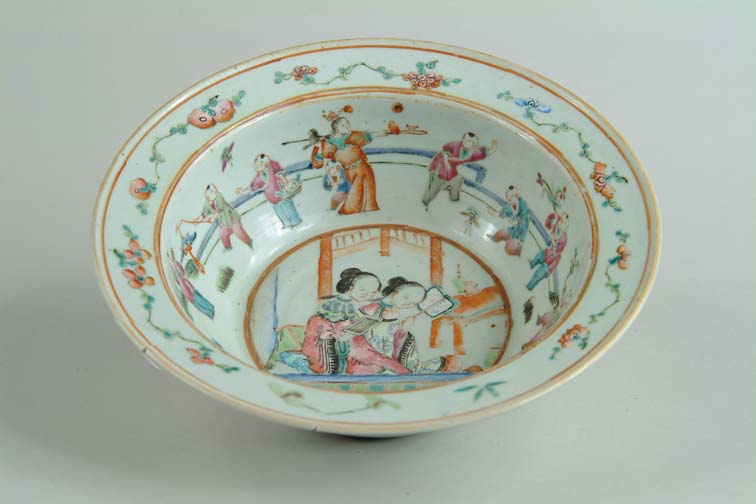 Appraisal: EARLY ROSE MEDALLION WASH BASIN Round bowl with - sloping