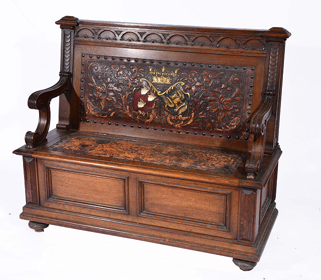 Appraisal: A TH CENTURY EUROPEAN BOX BASED HALL SEAT with carved