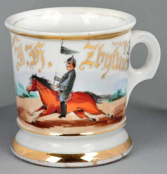 Appraisal: Uniformed Rider on Horse Shaving Mug Description Gilt name J