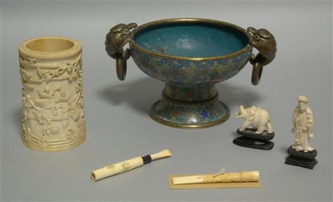 Appraisal: GROUP OF ASIAN IVORY Including a Japanese ivory brush pot