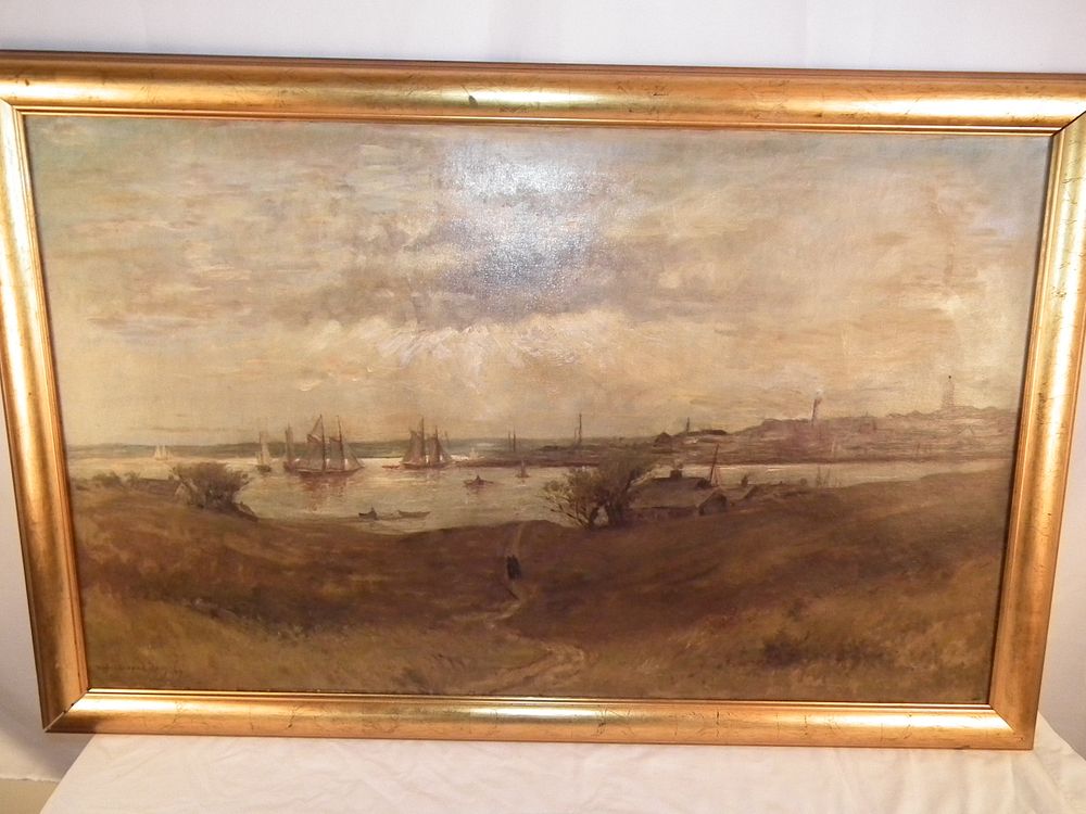 Appraisal: W F MACY PAINTING HARBOR Large antique oil painting on