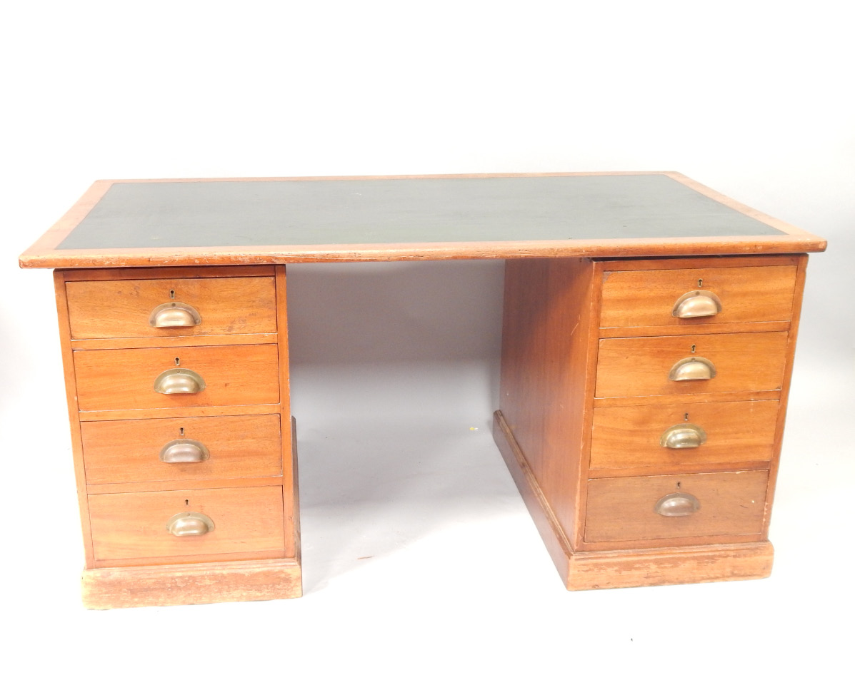 Appraisal: A s oak twin pedestal desk having brass demi lune