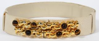 Appraisal: JUDITH LEIBER TAN KARUNG BELT W JEWELED BUCKLE JUDITH LEIBER