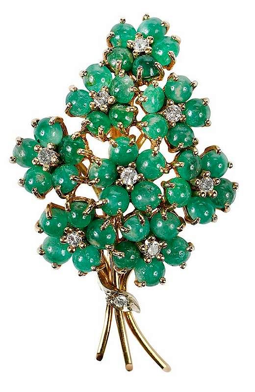 Appraisal: kt Emerald Diamond Brooch flower bouquet design round cabochon emeralds