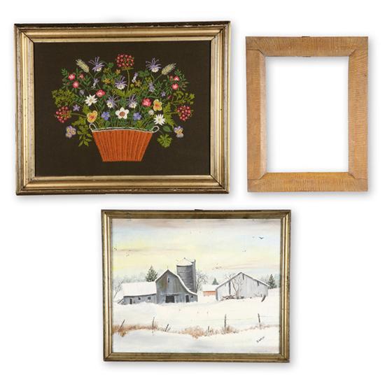 Appraisal: THREE ITEMS American Grain painted frame resembling bird's eye maple