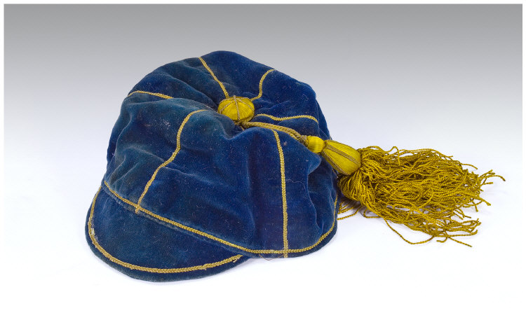 Appraisal: Blue Velvet Football Rugby Cap Gold Braid Trim And Tassels