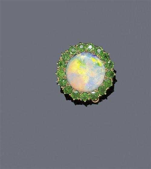 Appraisal: BOULDER OPAL AND DEMANTOID-BROOCH ca Yellow gold Charming small round