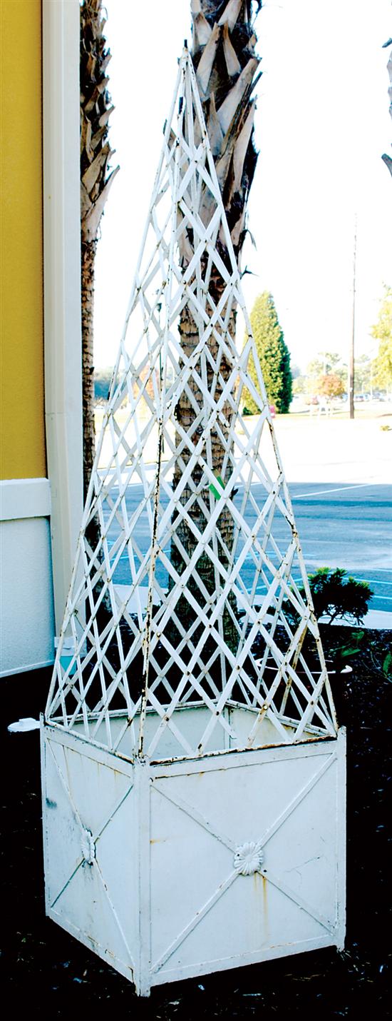 Appraisal: Painted metalwork obelisk on stand latticework frame resting on square