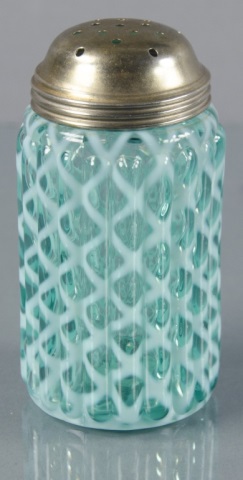 Appraisal: Opalescent Teal Ribbed Lattice Sugar ShakerRibbed body decorated with lattice