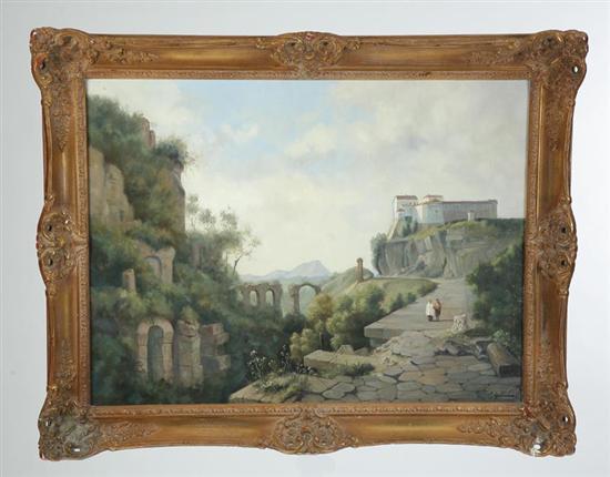 Appraisal: OIL ON CANVAS Two people walking by classical ruins with