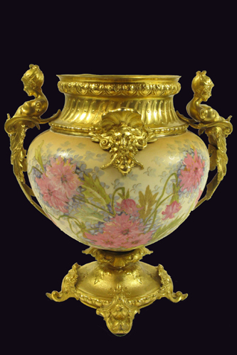 Appraisal: FRENCH GILT BRONZE AND PORCELAIN URN figural female handles and