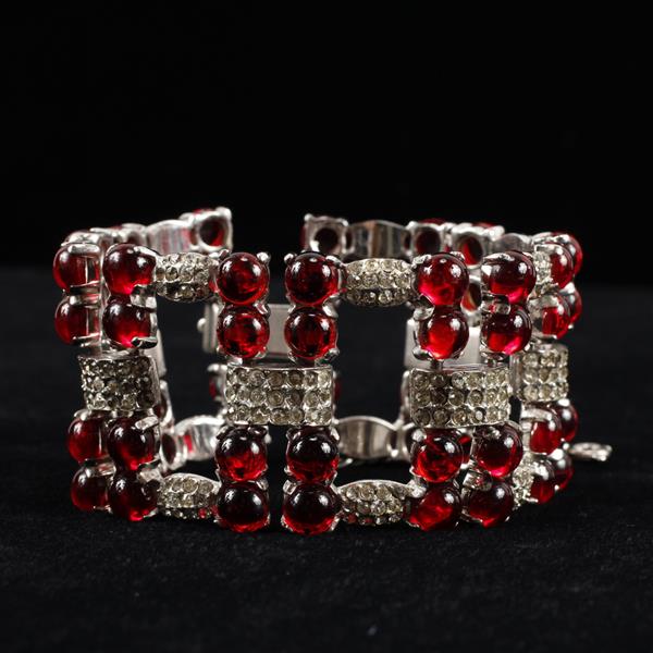 Appraisal: Art Deco Unmarked Pave Ruby Red Poured Glass Cabochon Bracelet