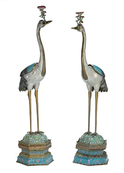 Appraisal: A pair of massive cloisonn enameled metal standing cranes th