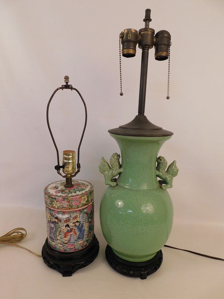 Appraisal: CHINESE LAMPS vintage Chinese ceramic lamps including a green crackle