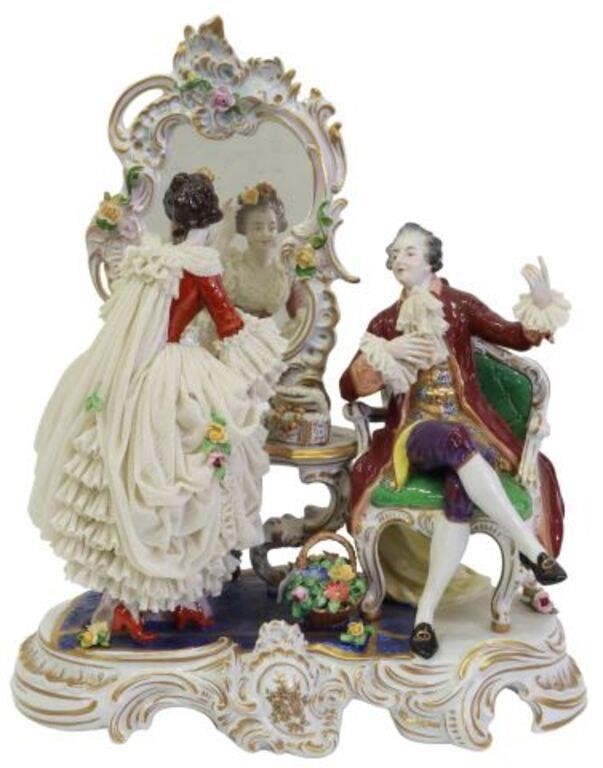 Appraisal: Large German Dresden lace porcelain figural group The Dressing Room