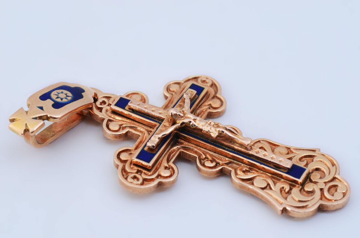 Appraisal: K RUSSIAN CROSS CRUCIFIX PENDANT WITH COBALT BLUE ENAMEL Beautifully