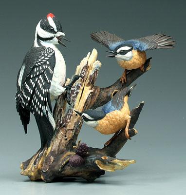 Appraisal: Hutschenreuther bird group Friendly Enemies two nuthatches and hairy woodpecker