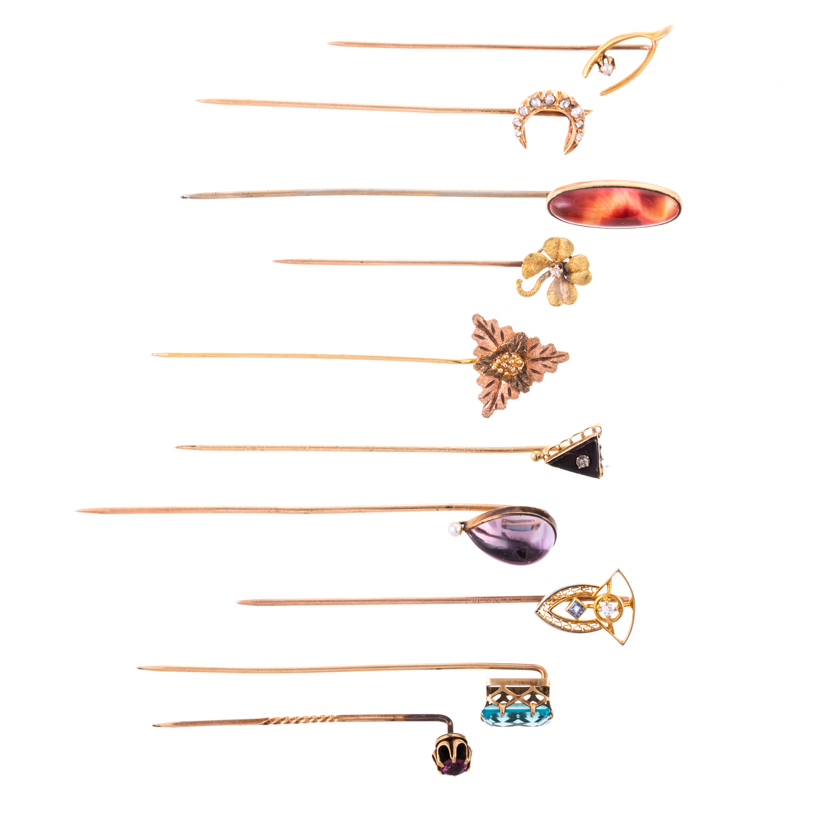 Appraisal: A COLLECTION OF GOLD GOLD-FILLED STICKPINS Ten antique stickpins in