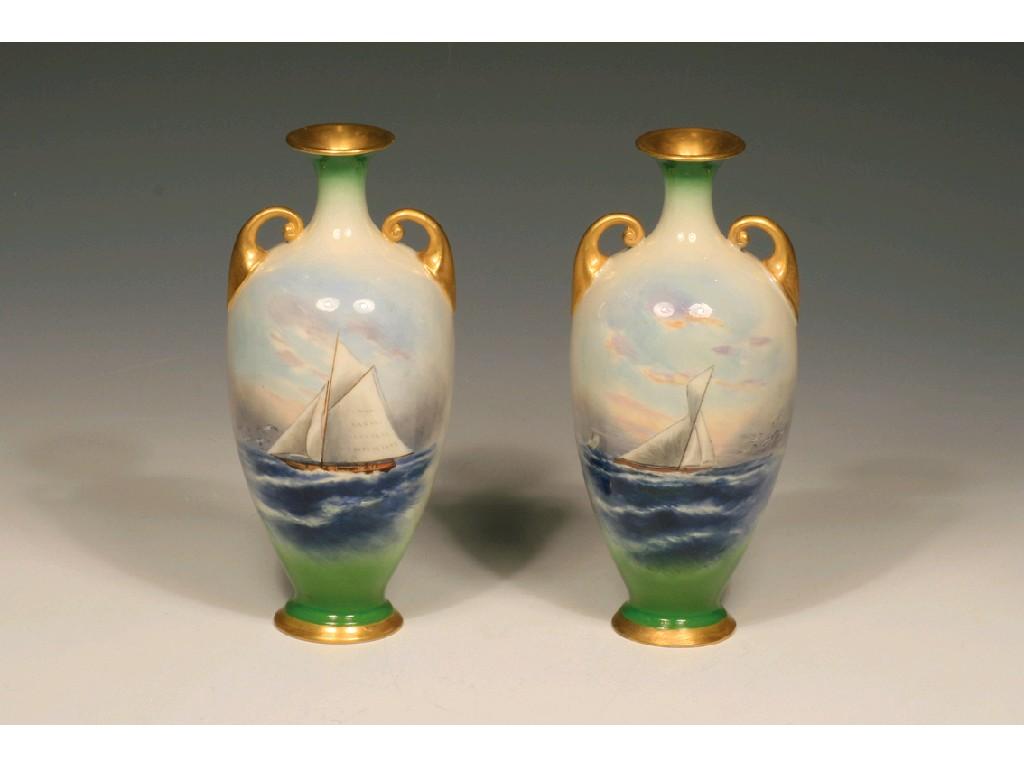 Appraisal: A PAIR OF ROYAL WORCESTER TWIN HANDLED VASES the body