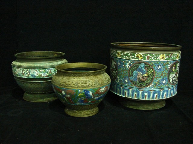 Appraisal: Three Chinese cloisonn jardini res enriched with fantastic birds and