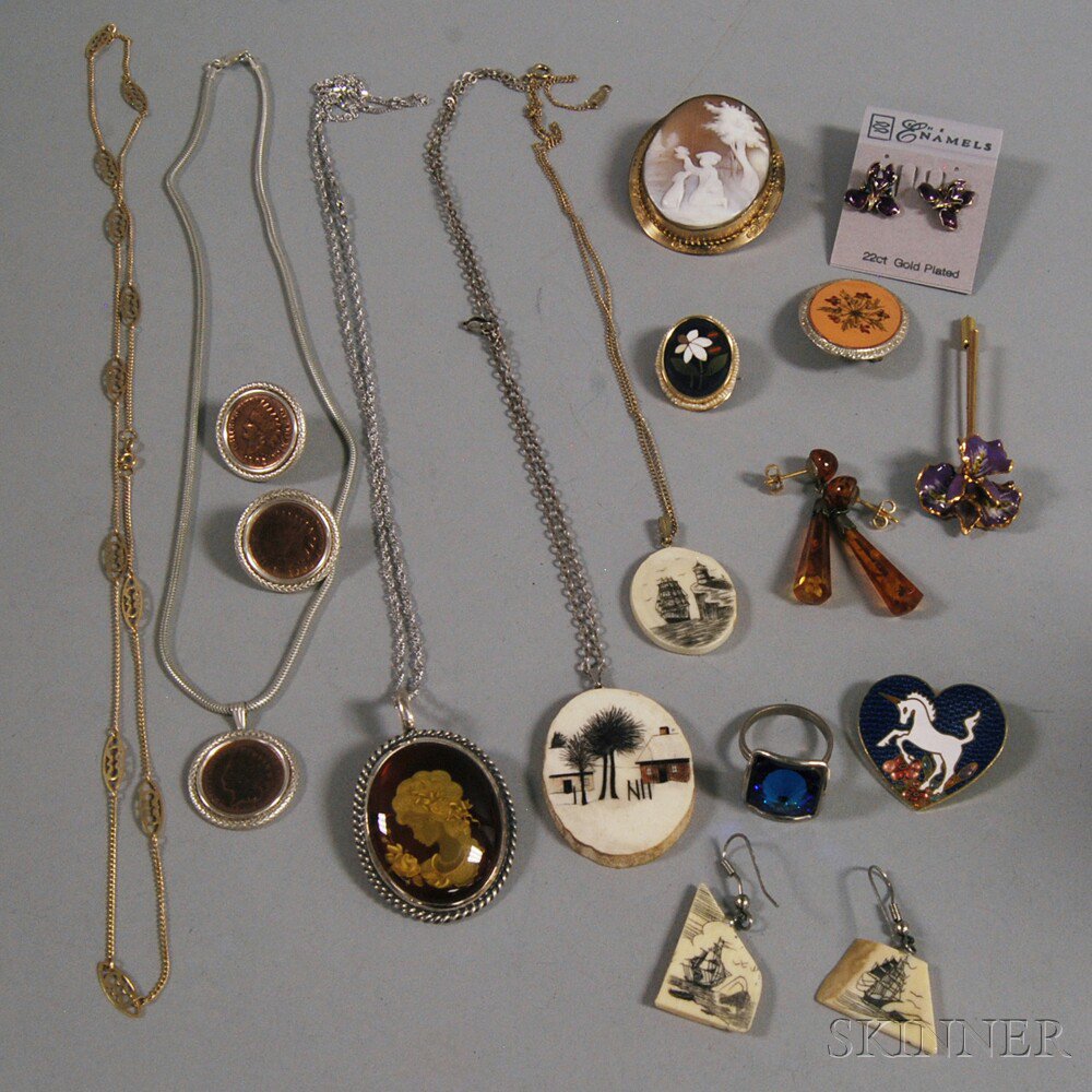 Appraisal: Group of Assorted Jewelry including an enameled stickpin a shell-carved