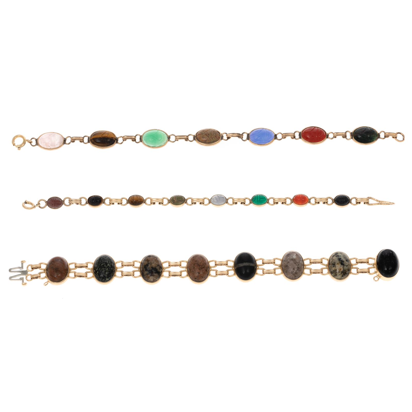 Appraisal: A COLLECTION OF GOLD GOLD-FILLED BRACELETS K yellow gold hardstone