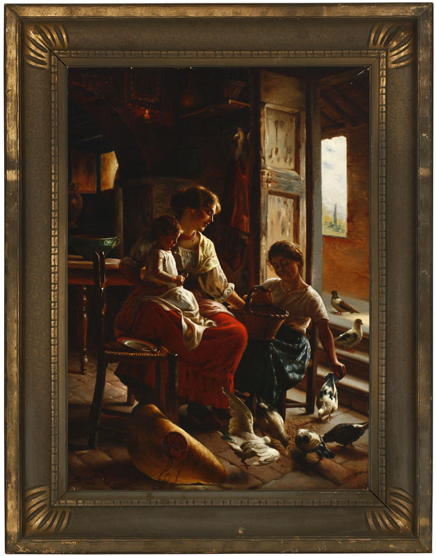 Appraisal: Woman children in rustic interior signed 'Magnus' Woman children in