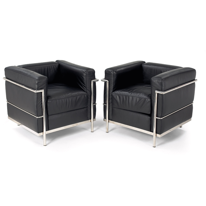 Appraisal: Le Corbusier LC chairs pair maker unknown black leather cushions