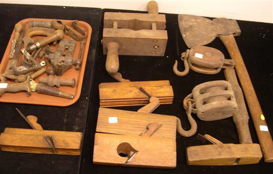 Appraisal: Wooden planes axe pulleys saws clamp etc