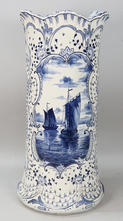 Appraisal: German Royal Bonn Delft style porcelain umbrella stand Decorated with