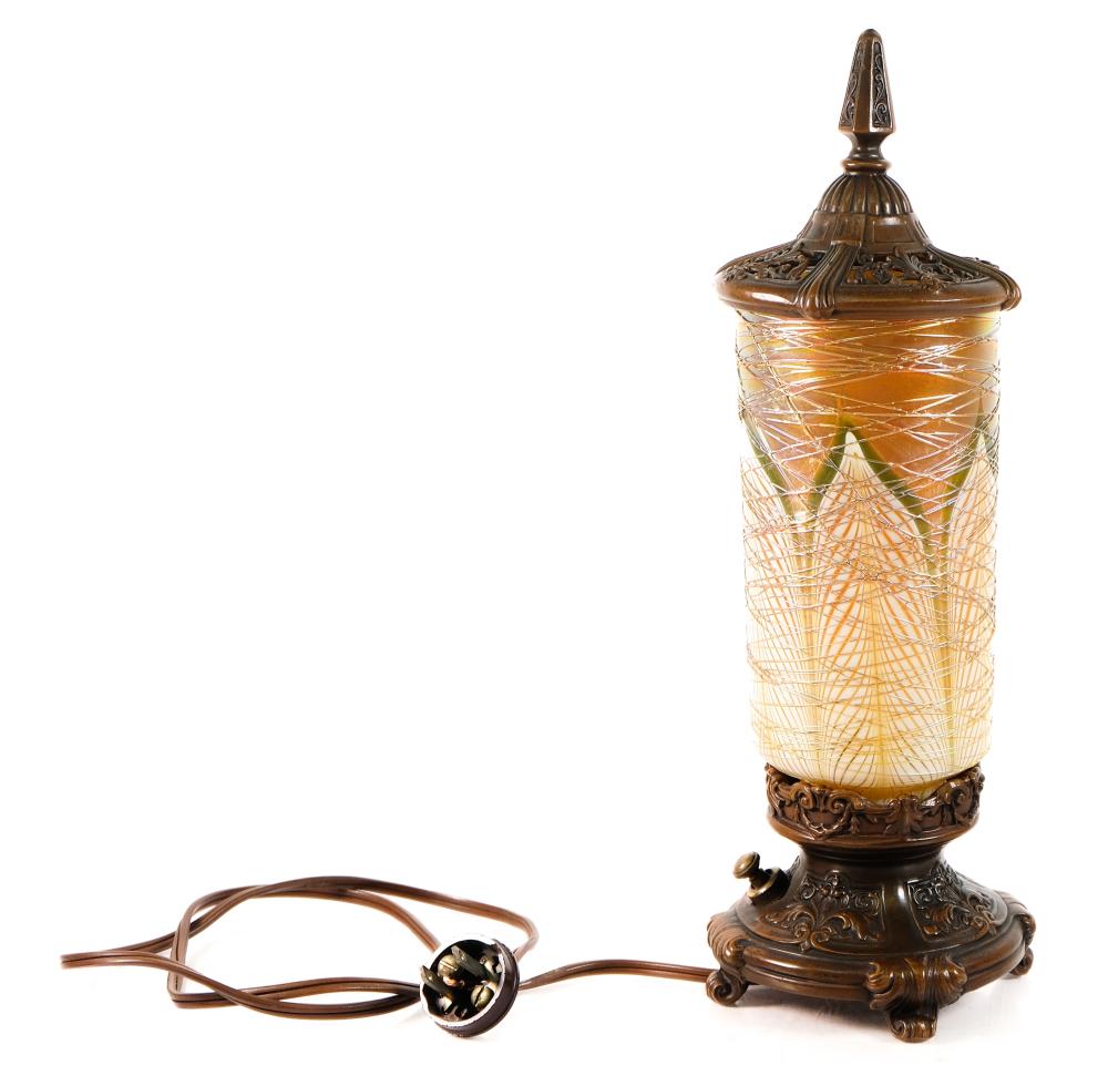 Appraisal: 'S DURAND IRIDESCENT ART GLASS PERFUME LAMP 's bronze perfume