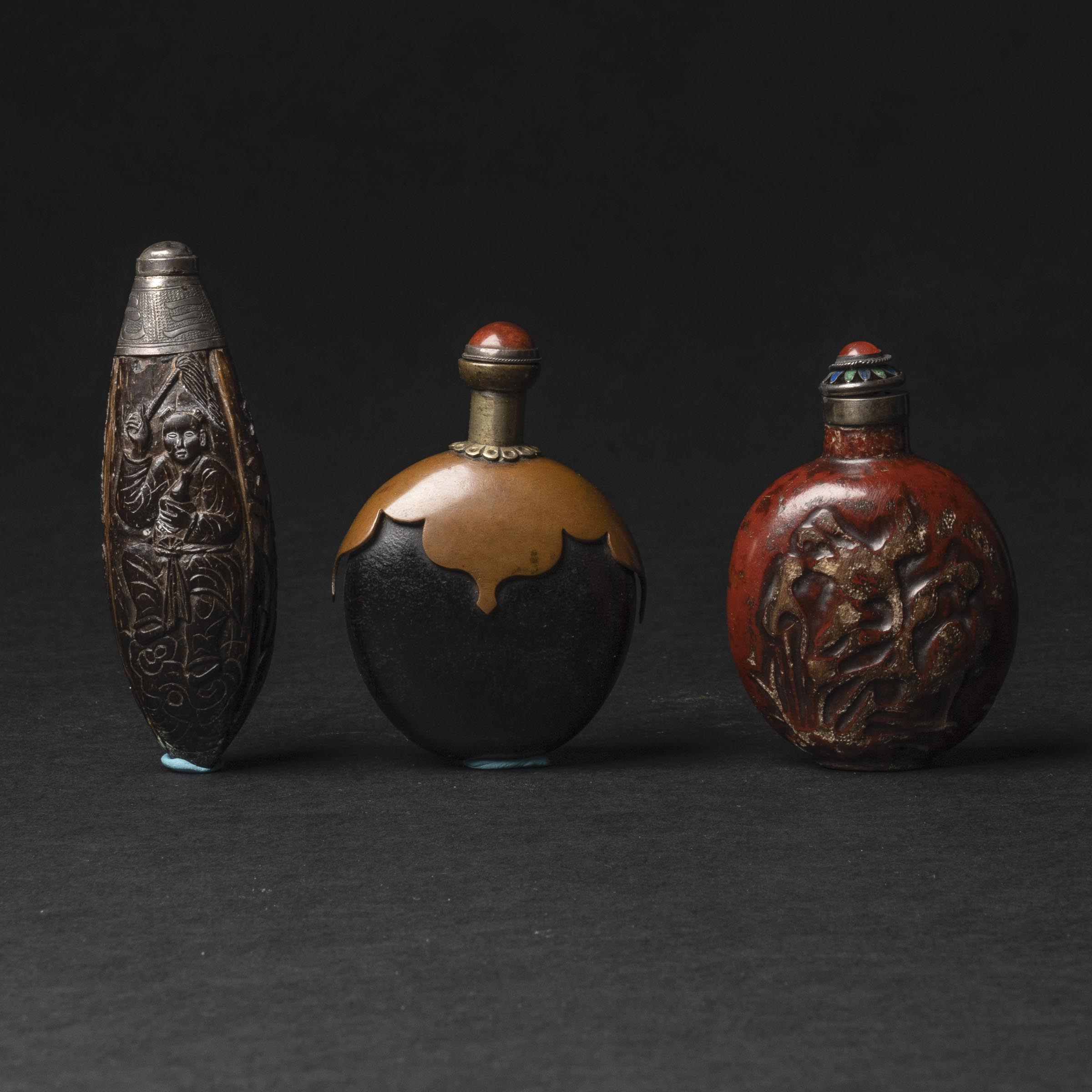 Appraisal: A Group of Three Coconut Shell Bodhi Seed and Lacquer