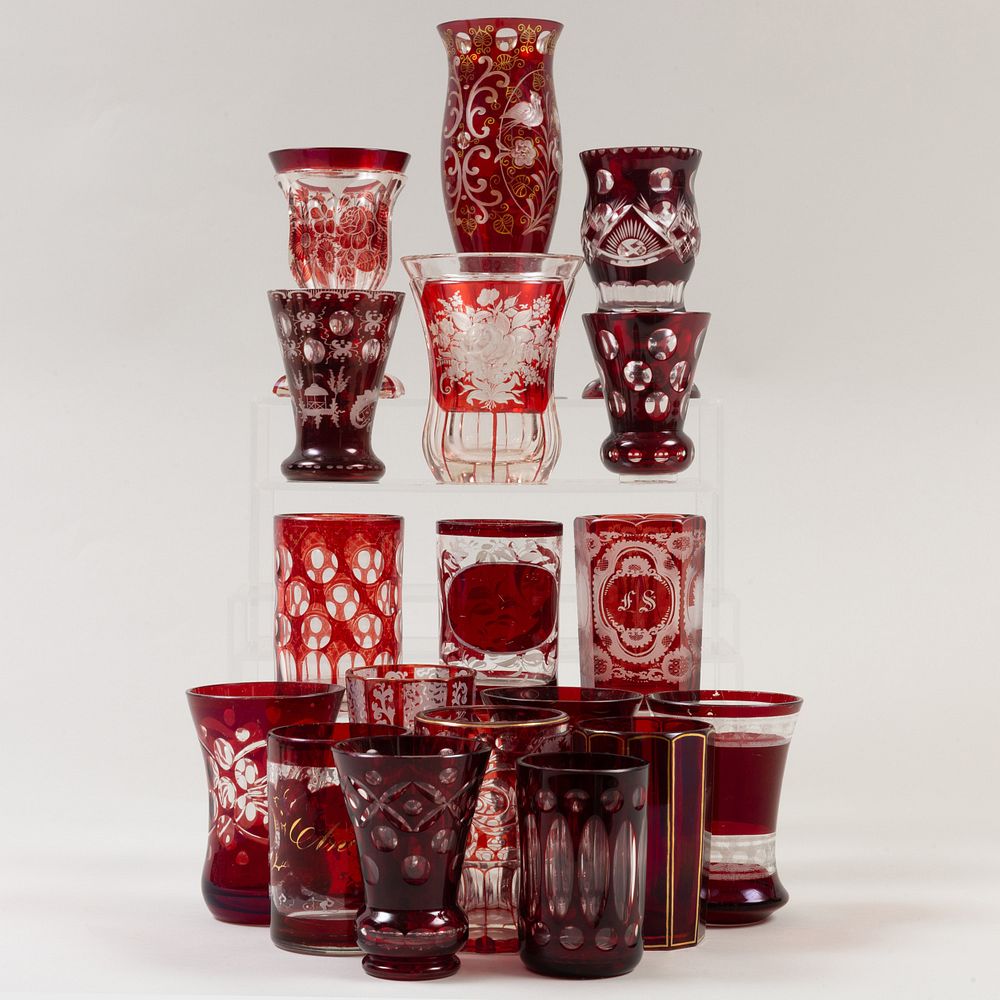 Appraisal: Group of Eighteen Bohemian Cut Etched and Cased Glasses The