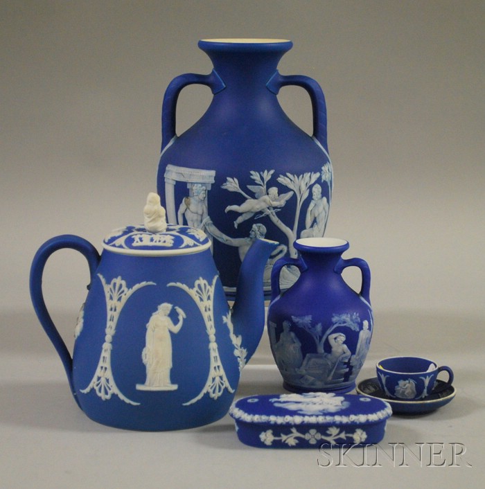 Appraisal: Six Wedgwood Dark Blue Jasper Dip Items a Portland vase