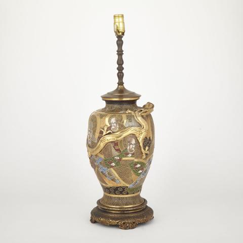 Appraisal: Satsuma Vase Lamp early th Century Multicolor glazes depicting figuresCondition