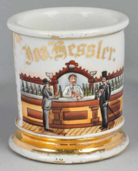 Appraisal: Bartender with Two Patrons Shaving Mug Description Gilt name Jos