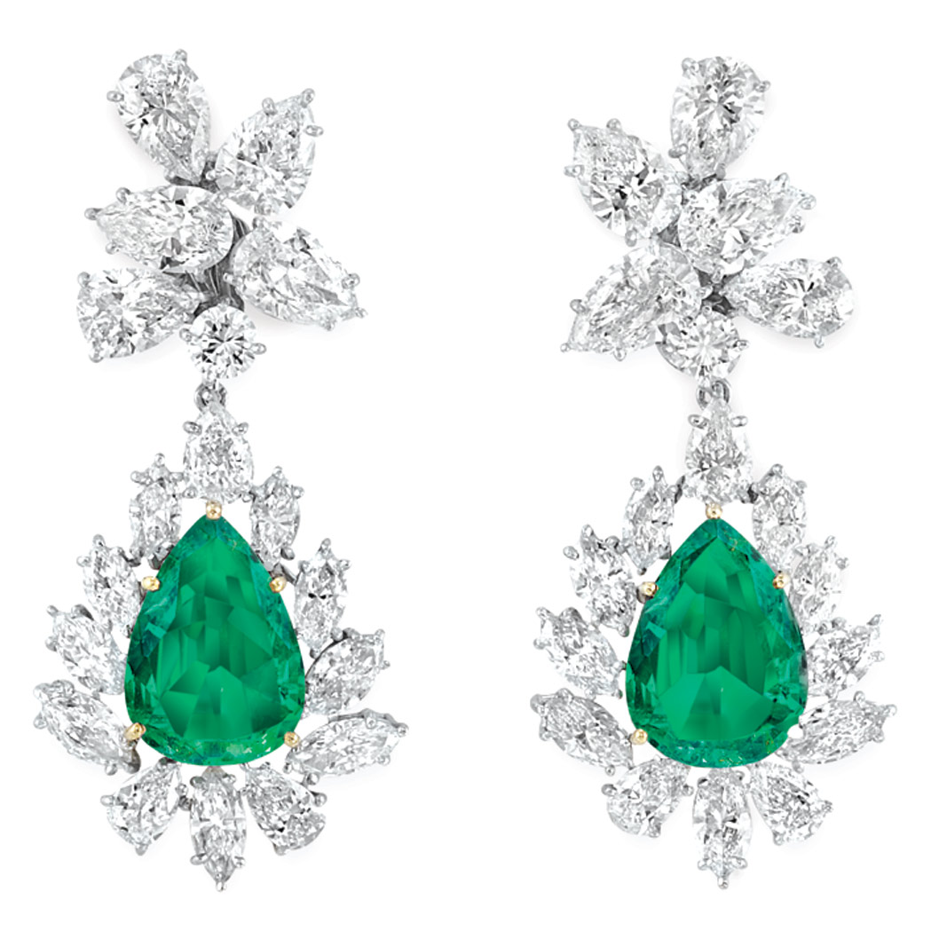 Appraisal: Pair of Diamond and Emerald Pendant-Earrings Platinum gold topped by