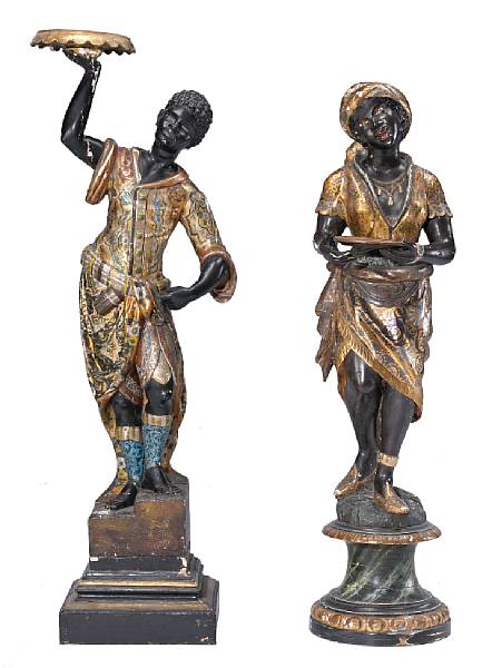 Appraisal: Two Italian polychrome and parcel gilt blackamoors on stands late