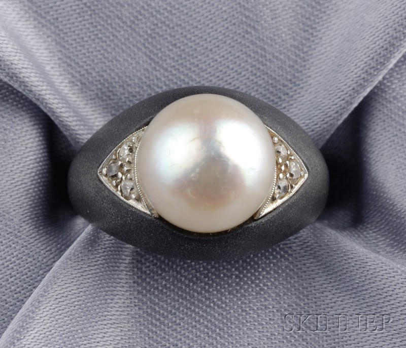 Appraisal: Patinated Steel Platinum Diamond and Cultured Pearl Ring Attributed to