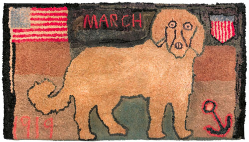 Appraisal: American patriotic hooked rug dated depicting a dog surrounded by