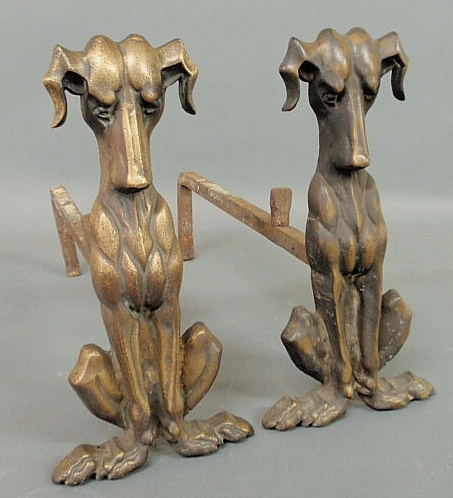 Appraisal: Pair of cast brass seated hound dog andirons probably late